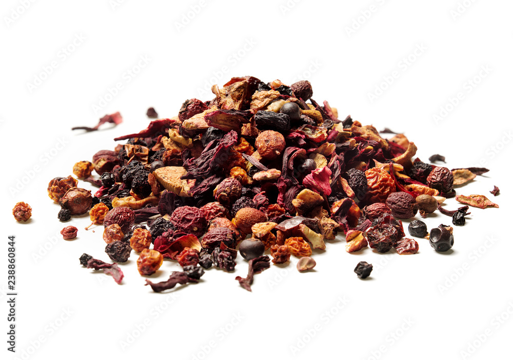 Heap of dried hibiscus petals and berries isolated on white background. Close up. High resolution. Heap of dried hibiscus petals and berries isolated on white background. Close up. High resolution.