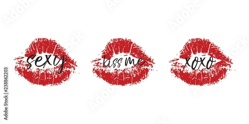 Vector lips print. Phrases sexy, kuss me, xoxo with woman kiss print. Design for t-shirt. Girls slogans. Fashion illustration