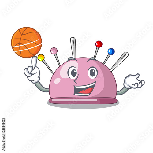 With basketball wicker basket on a pincushion cartoon