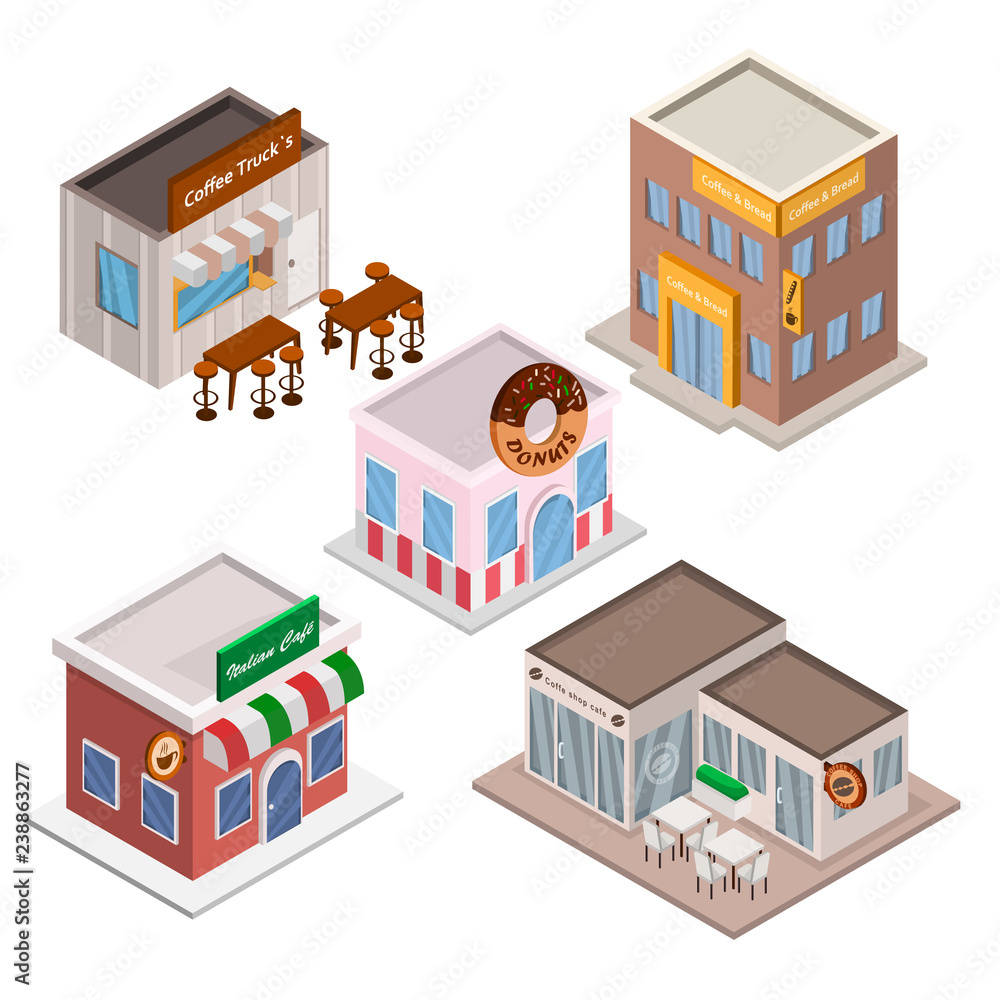 Set of Coffee Shop Cafe Illustration Isometric Vector 3D