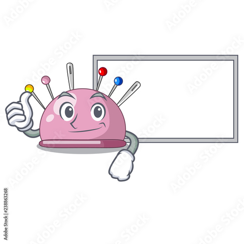 Thumbs up with board wicker basket on a pincushion cartoon