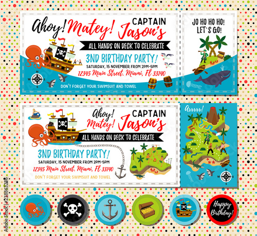 Pirate birthday invitation. Treasure Map Invitation. Pirate Party Decorations for Birthday Party or Baby Shower. Pirate Cupcake Toppers. Vector Illustration. - Vector