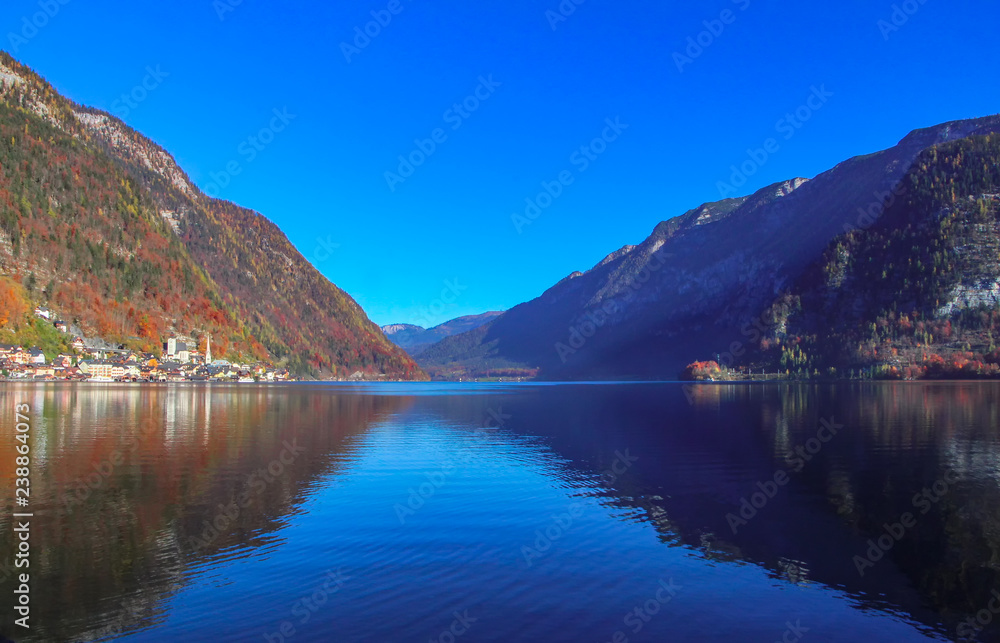 Beautiful Austrian landscape with blue sky, mountains and Hallstatt lake