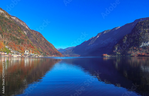 Beautiful Austrian landscape with blue sky  mountains and Hallstatt lake