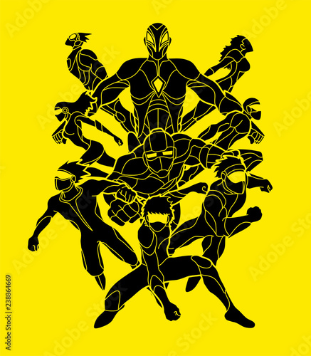 Group of Super Heroes action, Unity together team work graphic vector