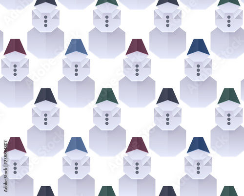 Seamless texture with 3D paper origami snowman in a row. Vector background for wrapping paper, backgrounds and your creativity