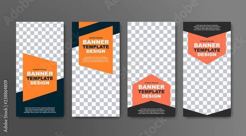 Design of vector vertical banners in black with a place for a photo and orange geometric elements for text.