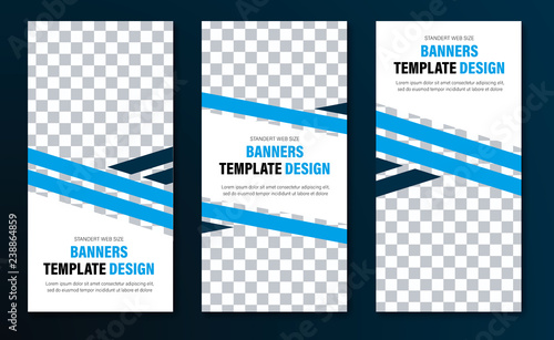 Templates for vertical web banners with blue diagonal intersecting lines and space for a photo