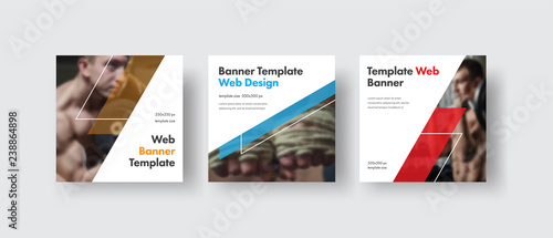 Design white square web banners for social media with place for photo, diagonal transparent color elements