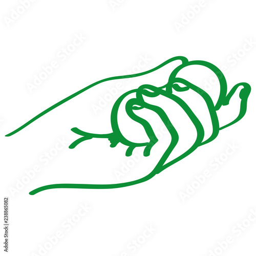 Handgezeichnete Hand hält  Kugeln in grün