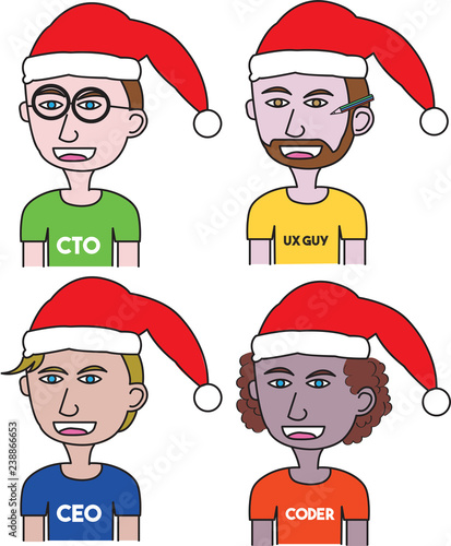 Avatar of startups team consist of CEO, UX designer, CTO and software engineer using Santa hats for Christmas