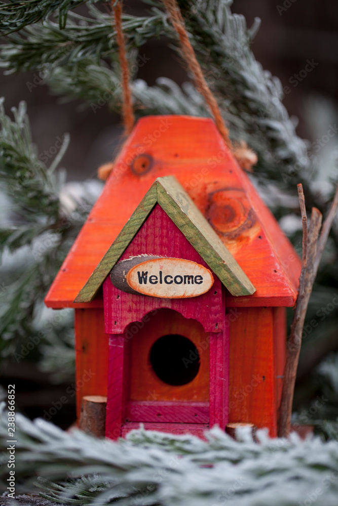 cute red and orange bird house with welcome sign and frosty fir branches on a cold winter day cute red and orange bird house with welcome sign and frosty fir branches on a cold winter day