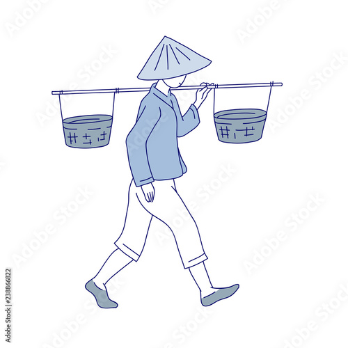 Chinese farmer carries basket on his shoulder. Man labor clothes and traditional round hat with fields. Vector line art illustration of agricultural work in China and Asia.