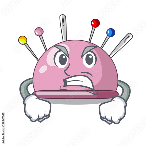 Angry sewing pins and pincushion on mascot