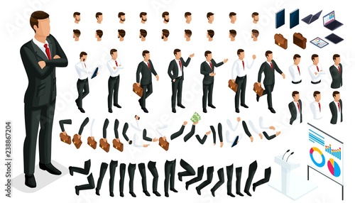 Large isometric Set of gestures of hands and feet 3D character businessman. Create your person office worker, walks around or sits for vector illustrations