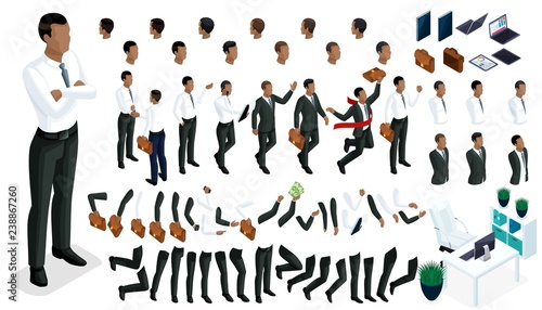 Large isometric Set of gestures of hands and feet 3d character of an African American businessman. Create your character office worker, walks around or sits
