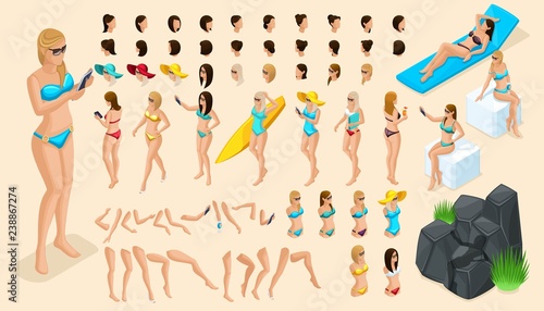 Large isometric Set of gestures of hands and feet 3d girl. Create your character vacationing tourist, a girl in a swimsuit for summer vector illustrations