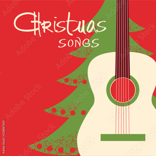 Christmas guitar red background.Vector greeting card with acoustic guitar