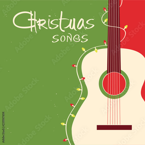 Christmas songs guitar on red green background.Vector greeting card with acoustic guitar