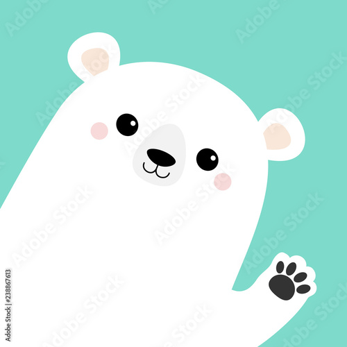 Big white polar bear waving hand paw print. Cute cartoon funny kawaii baby character. Merry Christmas Greeting Card. Flat design. Blue background. Greeting card.