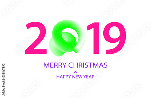2019 Happy New Year greeting banner with Curly Pig Tail in a shape of number. A symbol of the Chinese 2019 year.