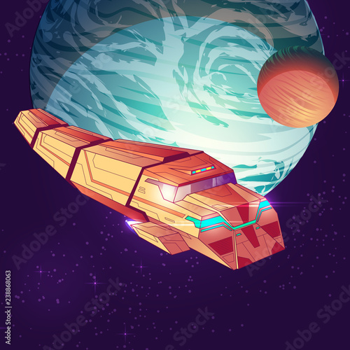 Vector illustration of outer space with cargo spaceship on big planet background. Freight shuttle flies in orbit of a satellite, cosmos. Truck with goods for colonization of worlds. Futuristic rocket.
