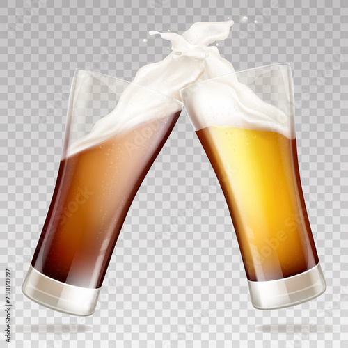 Vector realistic light and dark beer in transparent mugs. Clink glasses with white foam on golden alcohol drink. Mockup for ad poster, promo banner. Pint of ale or other frothy liquid, brewery.
