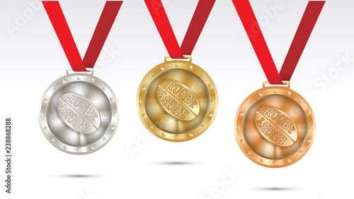 rugby ball Champion Gold, Silver and Bronze Medals set with Red Ribbon  Vector Illustration