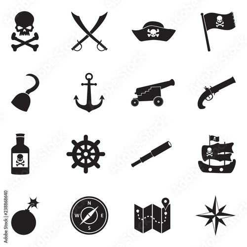 Pirate Icons. Black Flat Design. Vector Illustration.