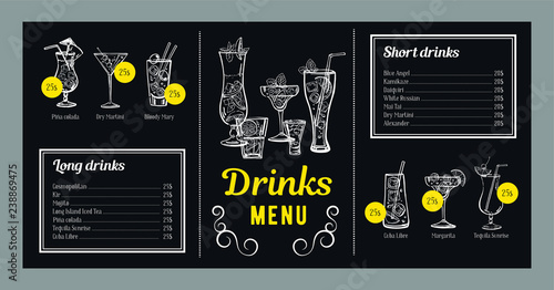Cocktail menu design template with list of drinks and graphics with cocktails. Vector outline hand drawn illustration with blackboard background