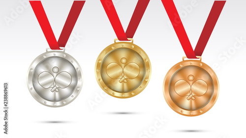 table tennis Champion Gold, Silver and Bronze Medal set with Red Ribbon  Vector Illustration