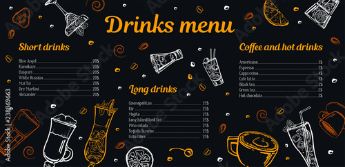 Cocktails, coffee and hot drinks menu design template with list of drinks and images. Vector outline sketch hand drawn illustration with blackboard background for bar, cafe, and restaurant