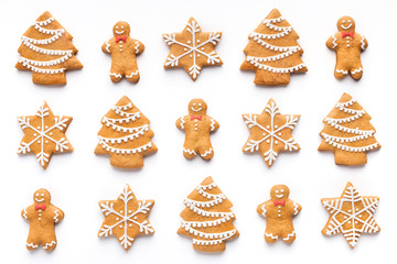 Homemade christmas cookies on white background, top view