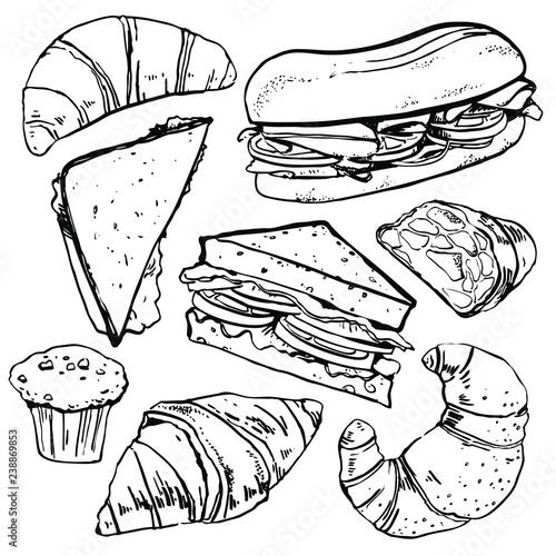 Sandwiches, pastries and croissants. Hand drawn outline sketch vector set isolated on white background