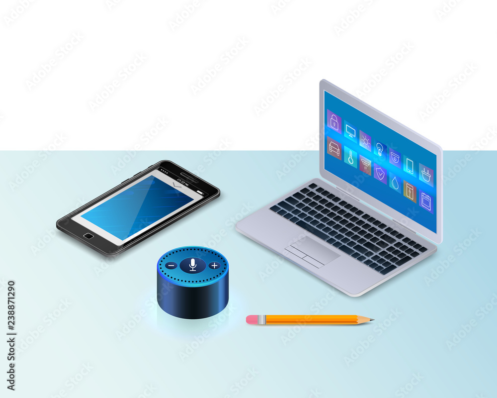 Smart speaker for smart home control. Modern laptop, a mobile phone, pencil. Intelligent voice activated assistant. Mockup (mock up) template layout background workplace with objects home control. Iot Smart speaker for smart home control. Modern laptop, a mobile phone, pencil. Intelligent voice activated assistant. Mockup (mock up) template layout background workplace with objects home control. Iot