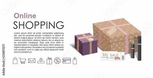 Shopping online concept with craft wrapped gift boxes, Cosmetics and discount coupon. 