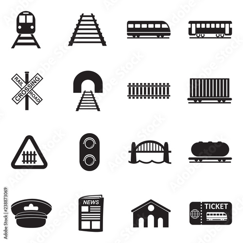 Railroad Icons. Black Flat Design. Vector Illustration.
