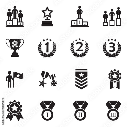 Ranking And Achievement Icons. Black Flat Design. Vector Illustration.