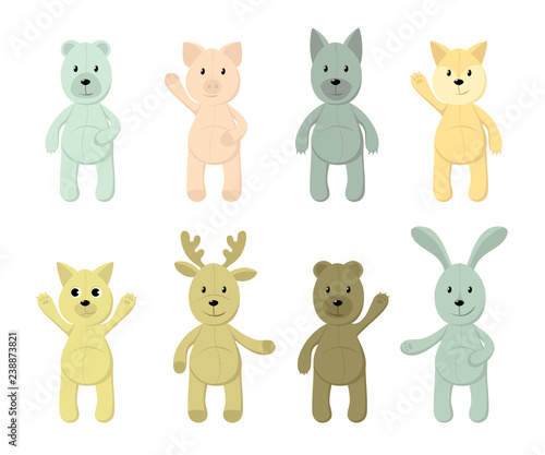 Vector Set of cute toy animals: polar bear, brown bear, piglet, fox, hare, rabbit, dog, wolf, cat, deer for your design. Print for kids, baby