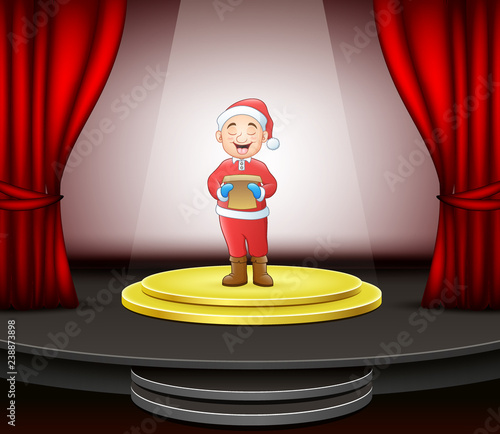 Man singing christmas carols standing on circle modern stage