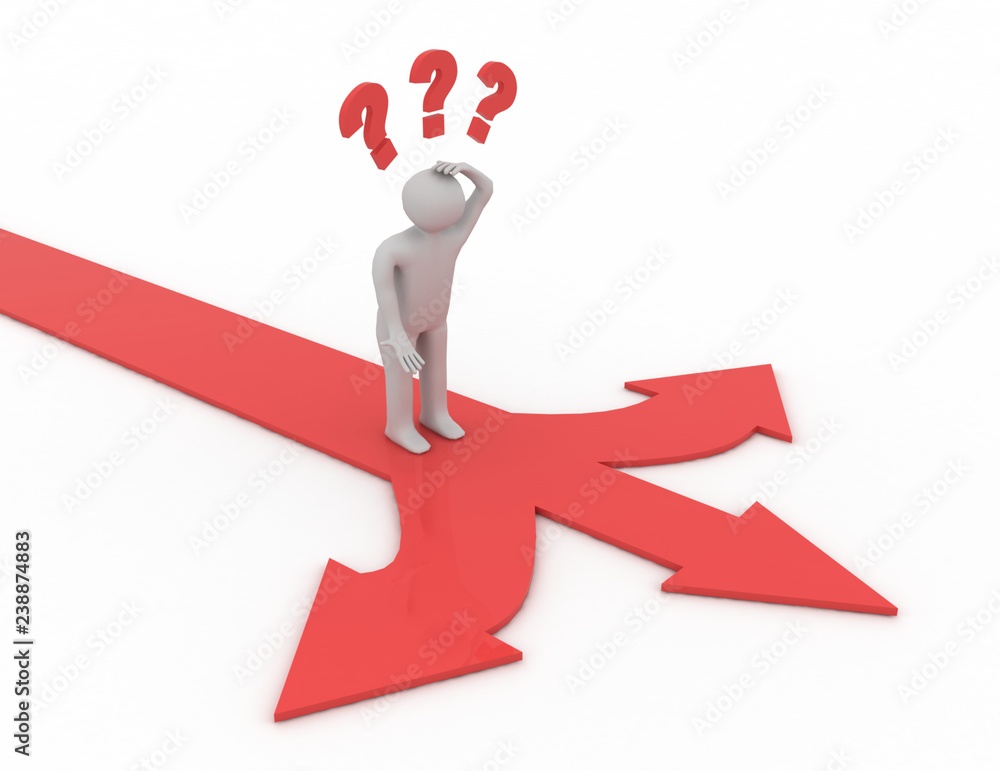man thinking and confusing with three red arrows showing three different directions. man thinking and confusing with three red arrows showing three different directions.