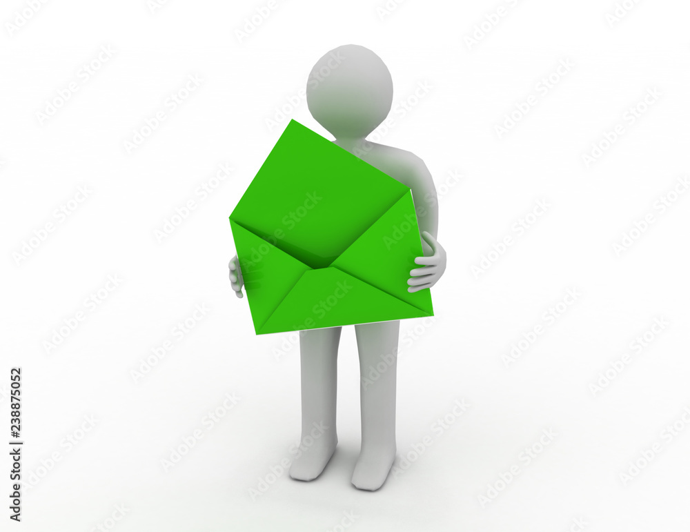 postman with open envelope. Isolated 3D image