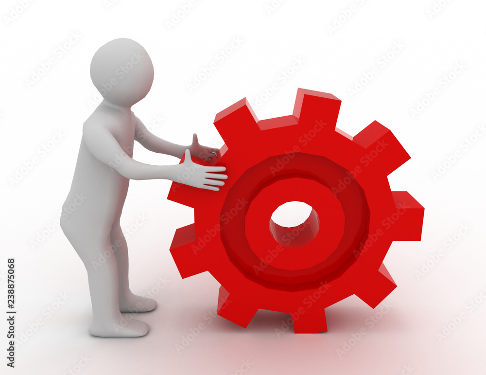 man rolling a gear. 3d illustration man rolling a gear. 3d illustration