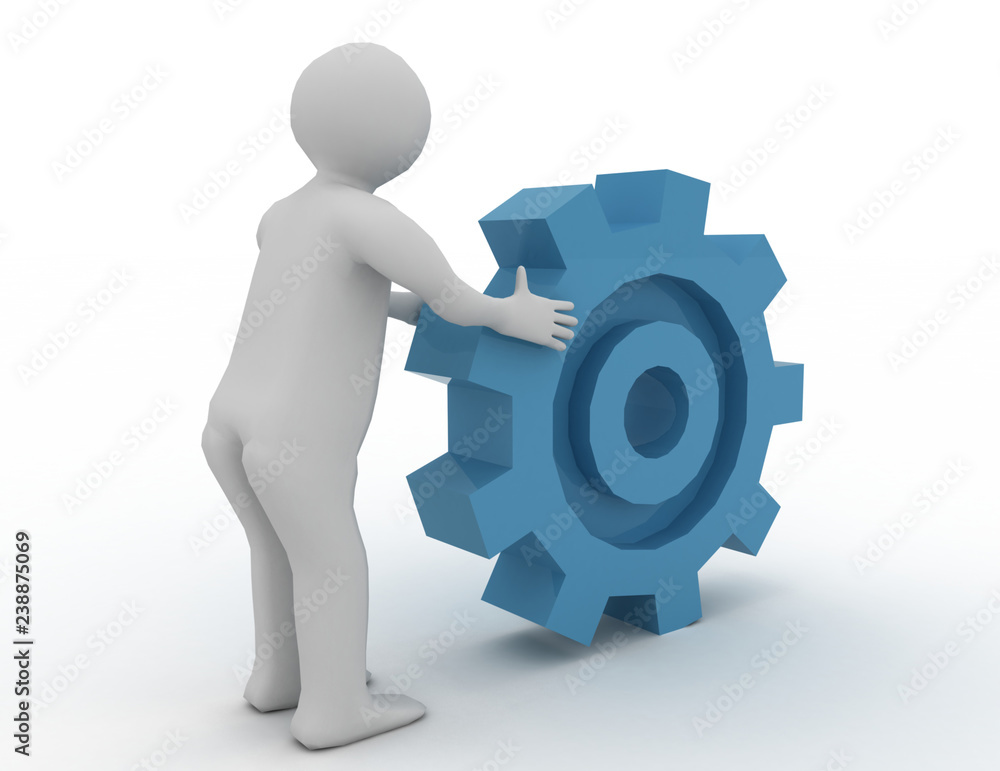 man rolling a gear. 3d illustration man rolling a gear. 3d illustration