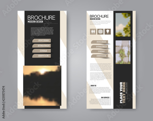 Narrow flyer and leaflet design. Set of two side brochure templates. Vertical banners. Brown and black colors. Vector illustration mockup.