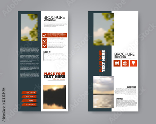 Narrow flyer and leaflet design. Set of two side brochure templates. Vertical banners. Red and grey colors. Vector illustration mockup.
