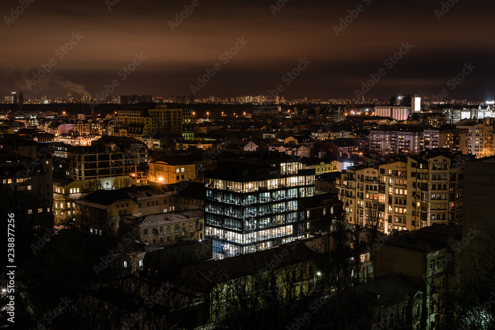 cityscape with bright illumination in windows of buildings