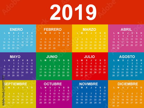 Calendario 2019 en español con colores saturados