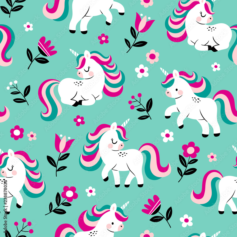 Hand drawn seamless vector pattern with cute baby unicorns and flowers on light blue background. Perfect for fabric, wrapping paper or nursery decor.