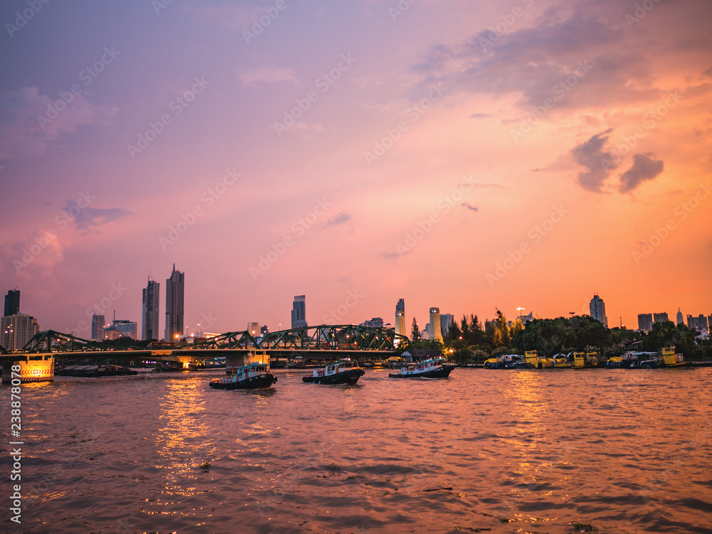 CityScape of Bangkok City and Chao Phraya River with Beautiful Sunset in Bangkok City Thailand